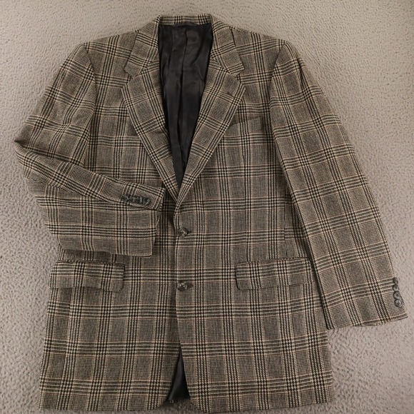 VTG Tweed Jacket M Beige Prince of Wales Check 100% Wool Lambs‎ Blazer 42L - Picture 1 of 16